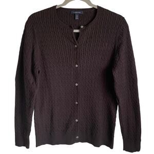 Lands’ End Cable Knit Cardigan Sweater Sz M Cotton Chocolate Brown Preppy